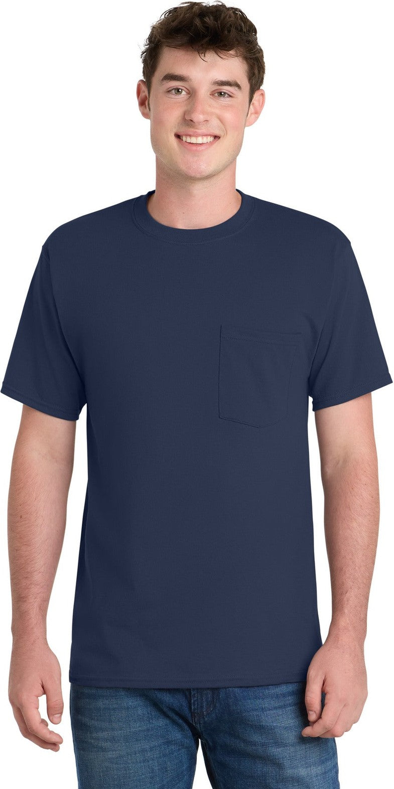 Front View of Navy Port & Co Tall Essential Pocket Tee. PC61PT