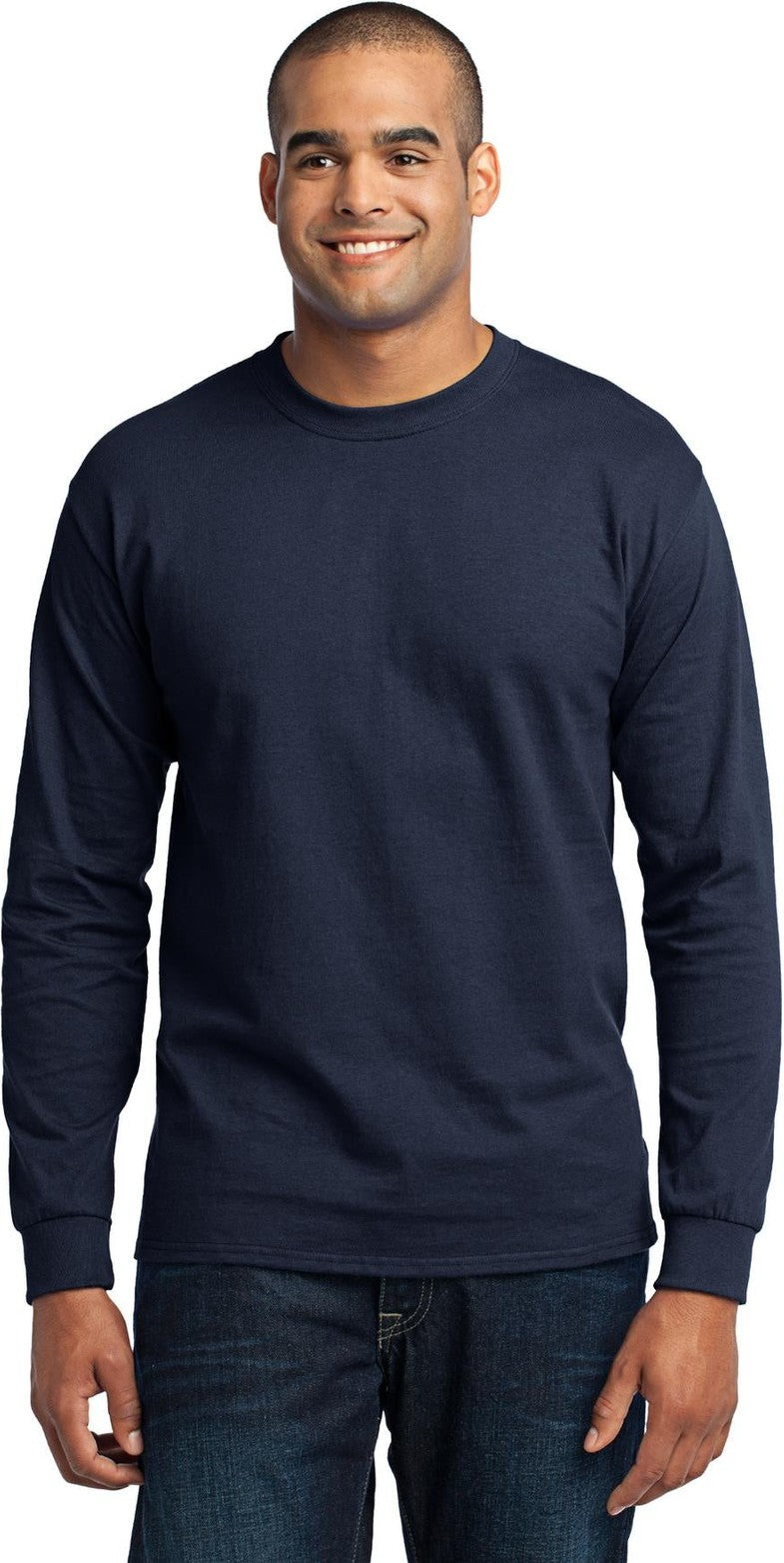 Front View of Navy Port & Co Tall Long Sleeve Core Blend Tee. PC55LST