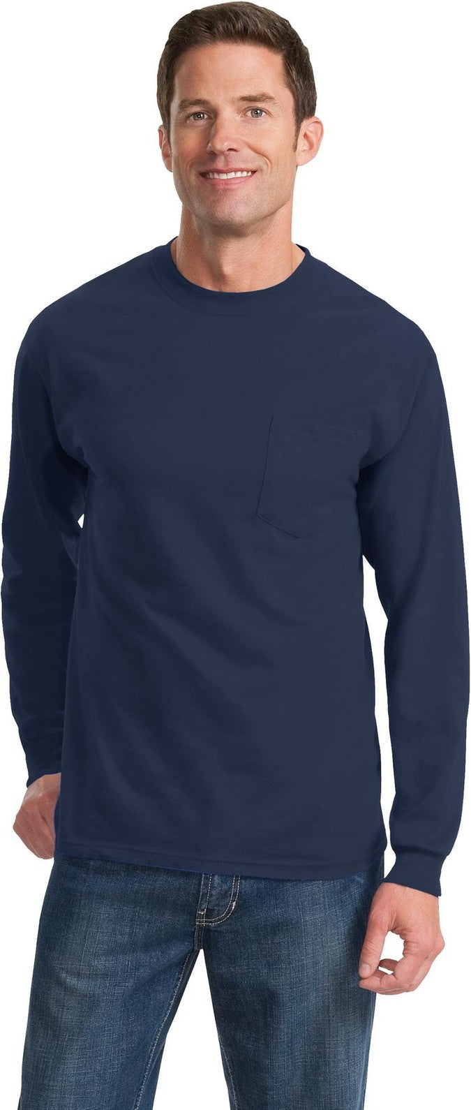 Front View of Navy Port & Co Tall Long Sleeve Essential Pocket Tee. PC61LSPT