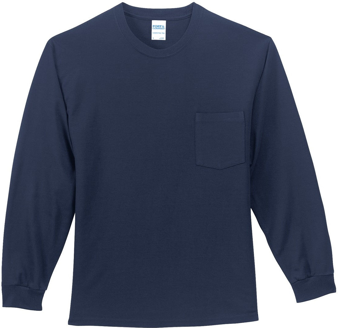 Front View of Navy Port & Co Tall Long Sleeve Essential Pocket Tee. PC61LSPT