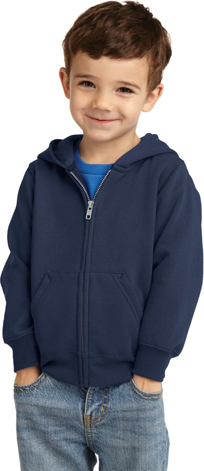 Front View of Navy Port & Co Toddler Core Fleece Full-Zip Hooded Sweatshirt. CAR78TZH