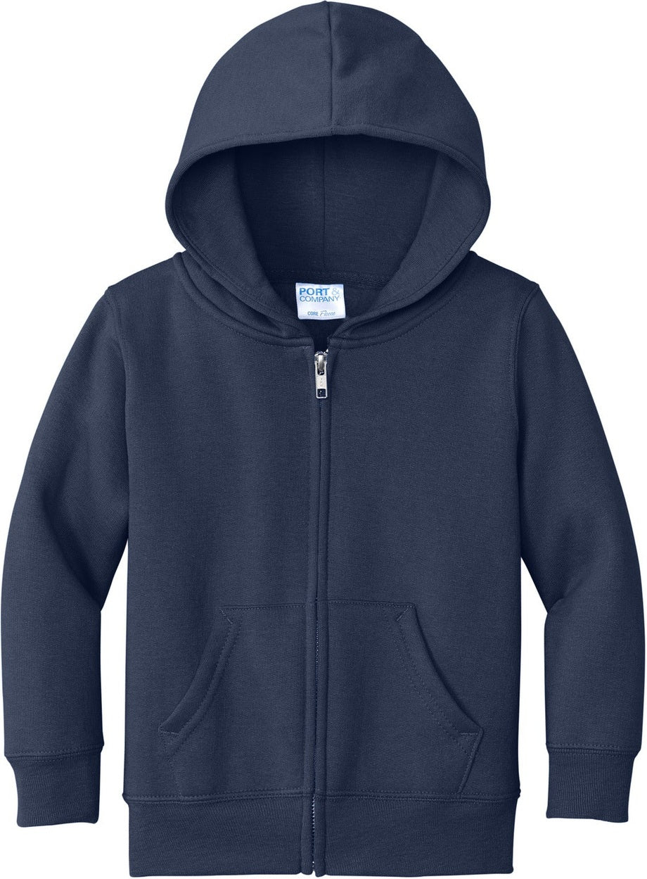 Front View of Navy Port & Co Toddler Core Fleece Full-Zip Hooded Sweatshirt. CAR78TZH