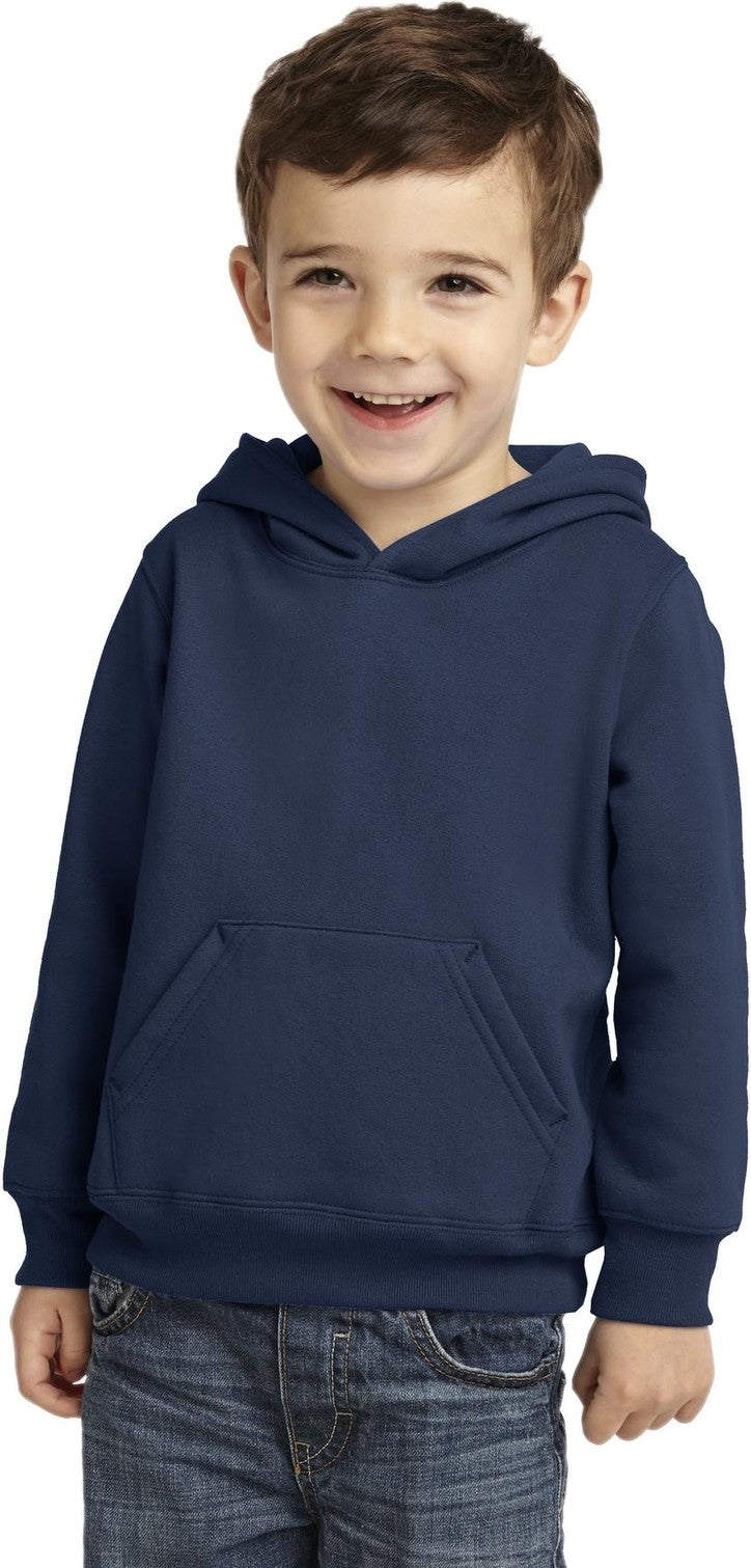 Front View of Navy Port & Co Toddler Core Fleece Pullover Hooded Sweatshirt. CAR78TH