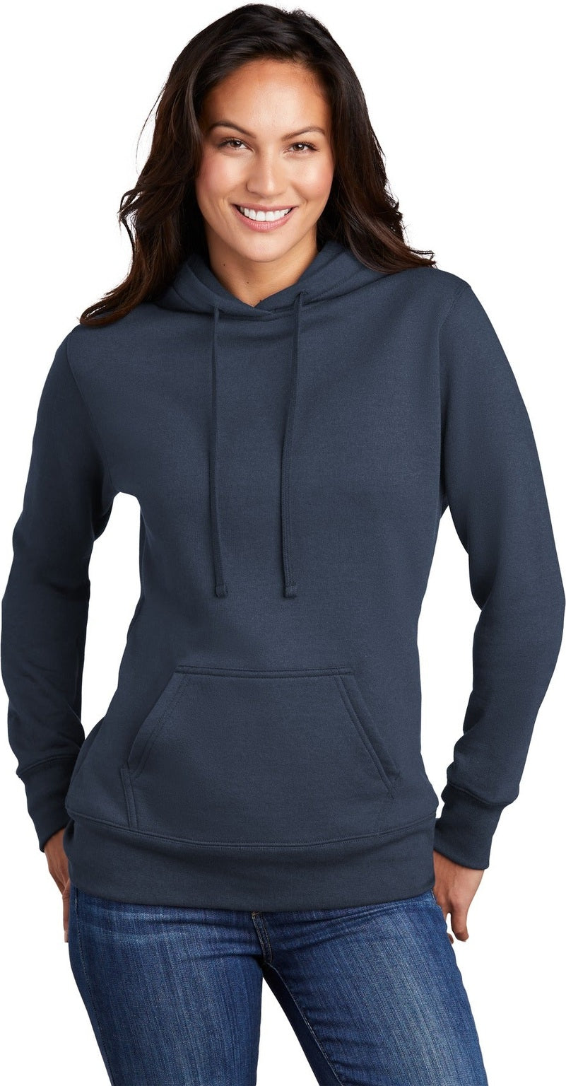Front View of Navy Port & Co Women's Core Fleece Pullover Hooded Sweatshirt LPC78H