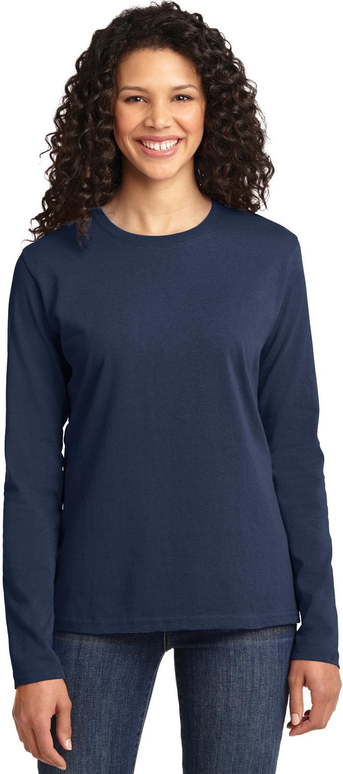 Front View of Navy Port & Co Women's Long Sleeve Core Cotton Tee. LPC54LS