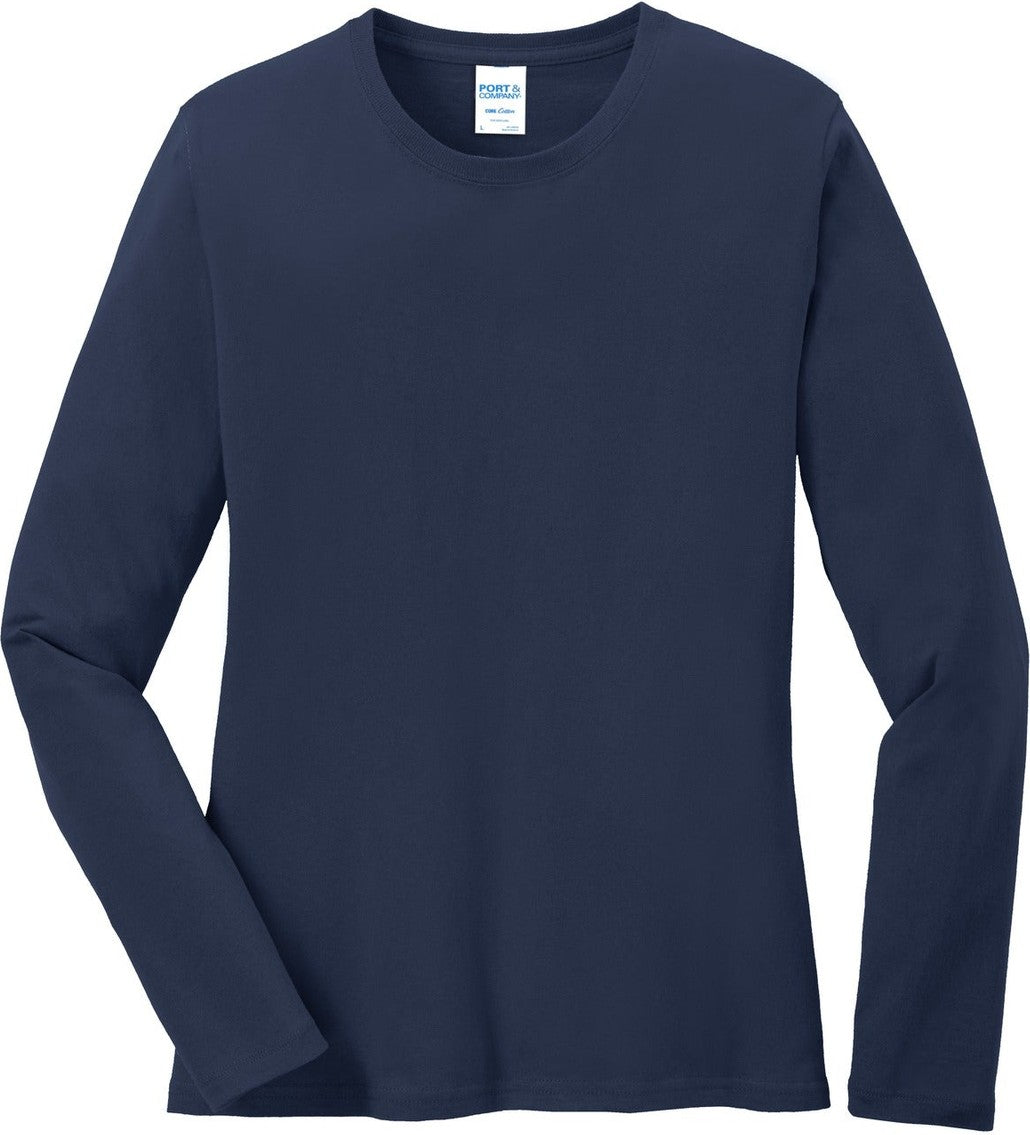 Front View of Navy Port & Co Women's Long Sleeve Core Cotton Tee. LPC54LS
