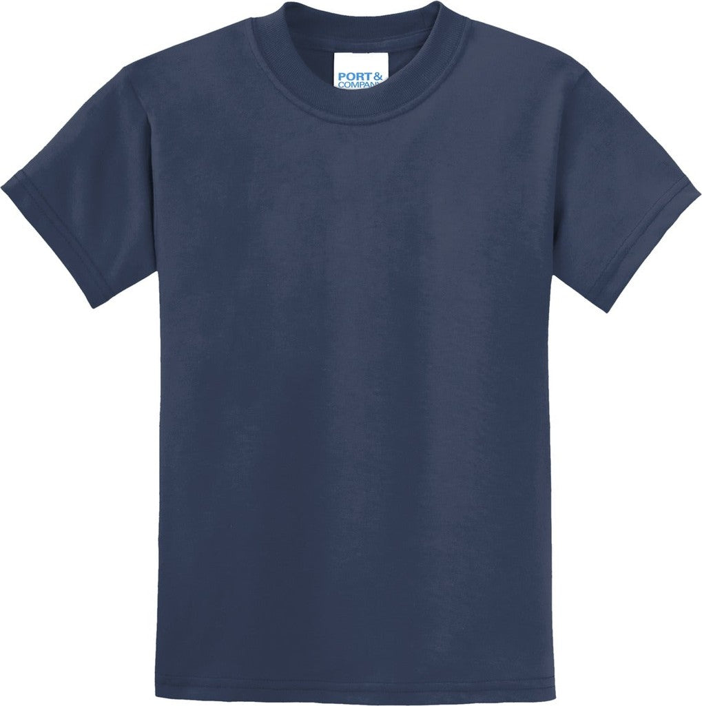 Front View of Navy Port & Co Youth Core Blend Tee. PC55Y
