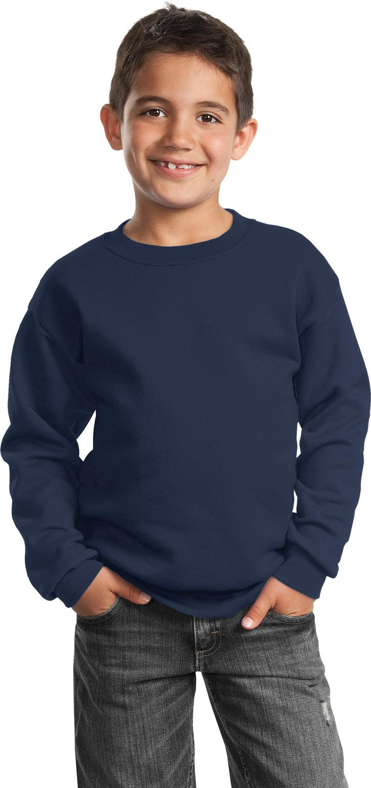Front View of Navy Port & Co Youth Core Fleece Crewneck Sweatshirt. PC90Y