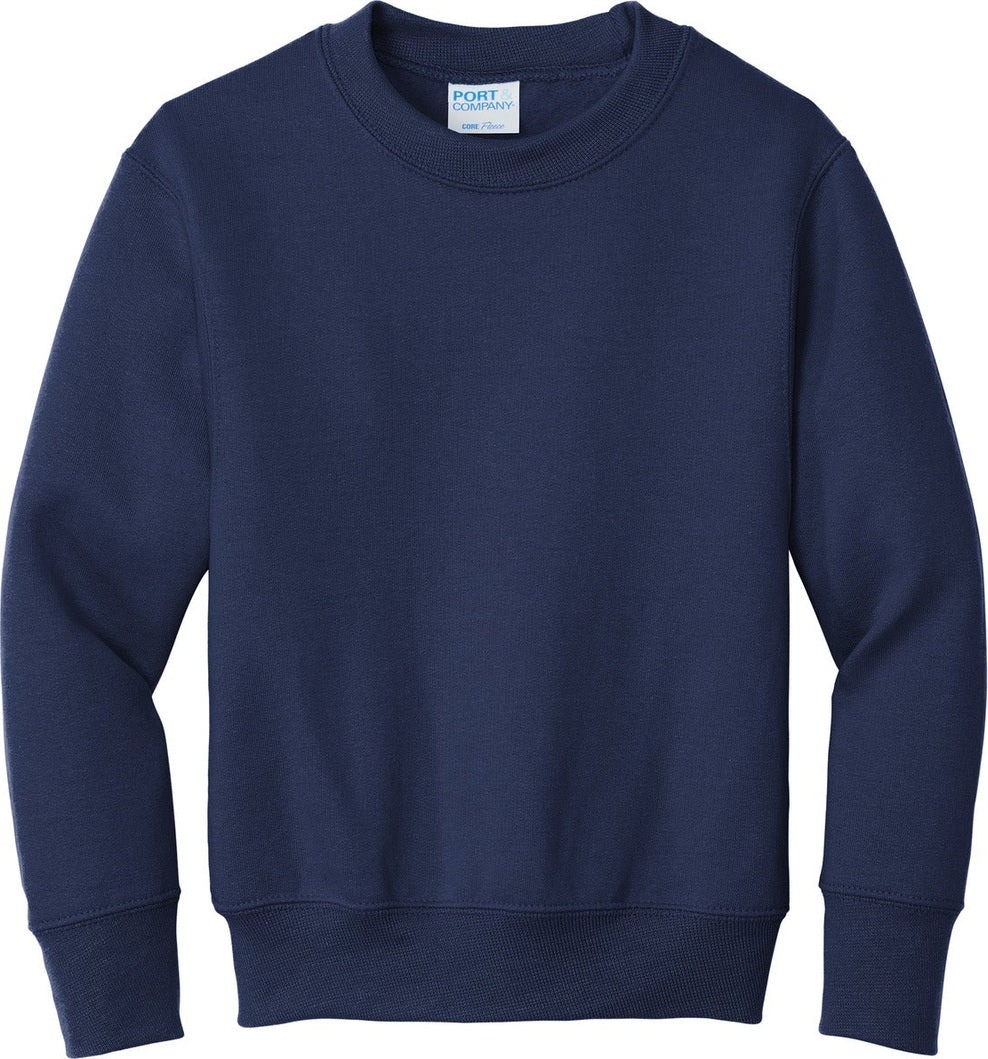 Front View of Navy Port & Co Youth Core Fleece Crewneck Sweatshirt. PC90Y