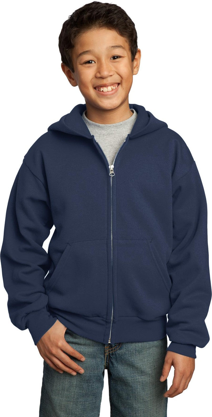 Front View of Navy Port & Co Youth Core Fleece Full-Zip Hooded Sweatshirt. PC90YZH