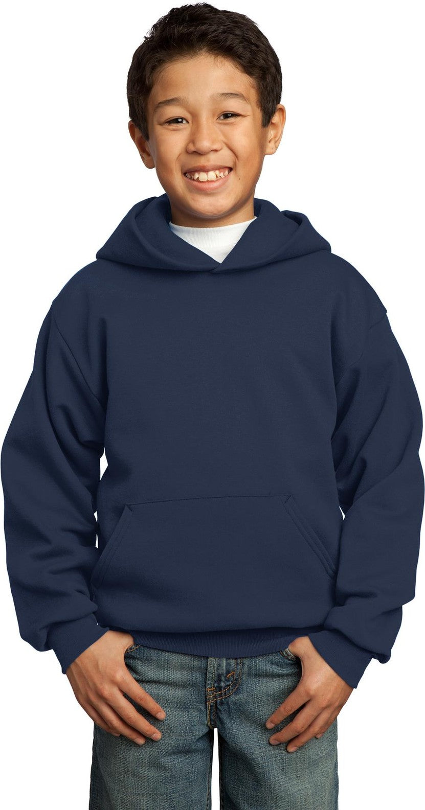 Front View of Navy Port & Co Youth Core Fleece Pullover Hooded Sweatshirt. PC90YH