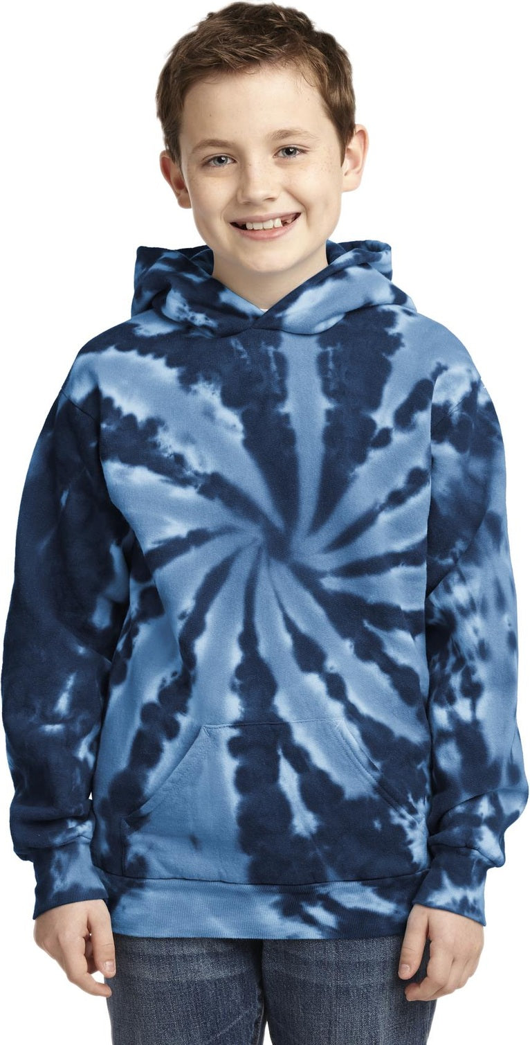 Front View of Navy Port & Co Youth Tie-Dye Pullover Hooded Sweatshirt. PC146Y