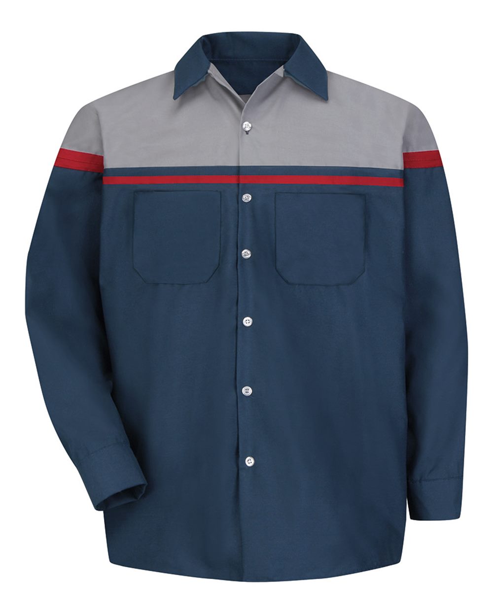 Front View of Navy/ Red/ Light Grey Performance Tech Long Sleeve Shirt - Tall Sizes - SP14ACT