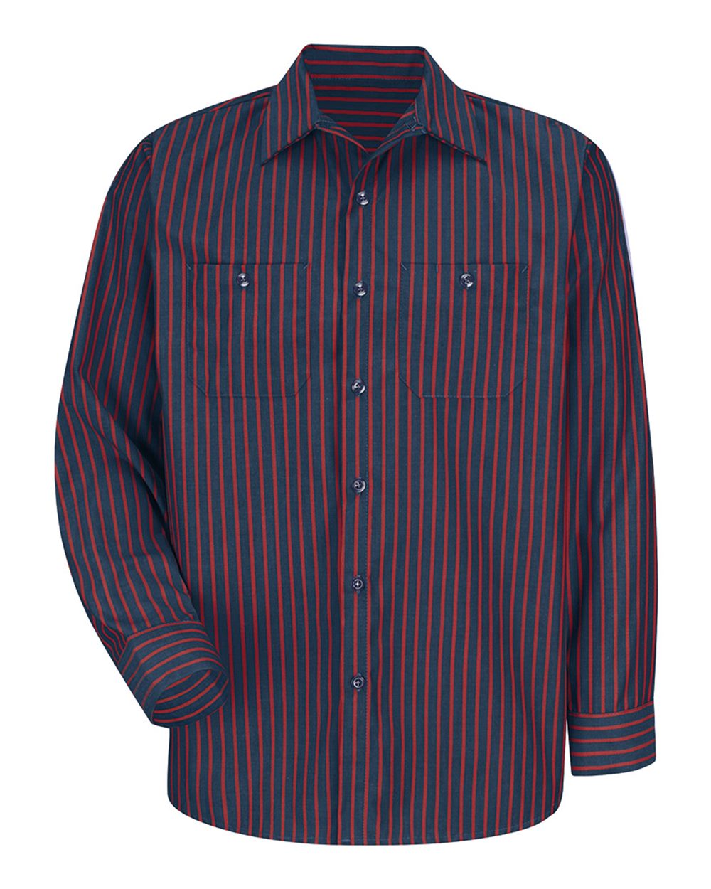 Front View of Navy/ Red Stripe Industrial Long Sleeve Work Shirt - SP14