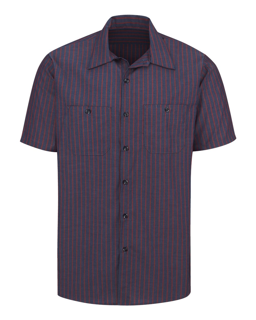 Front View of Navy/ Red Stripe Industrial Short Sleeve Work Shirt - Tall Sizes - SP24T