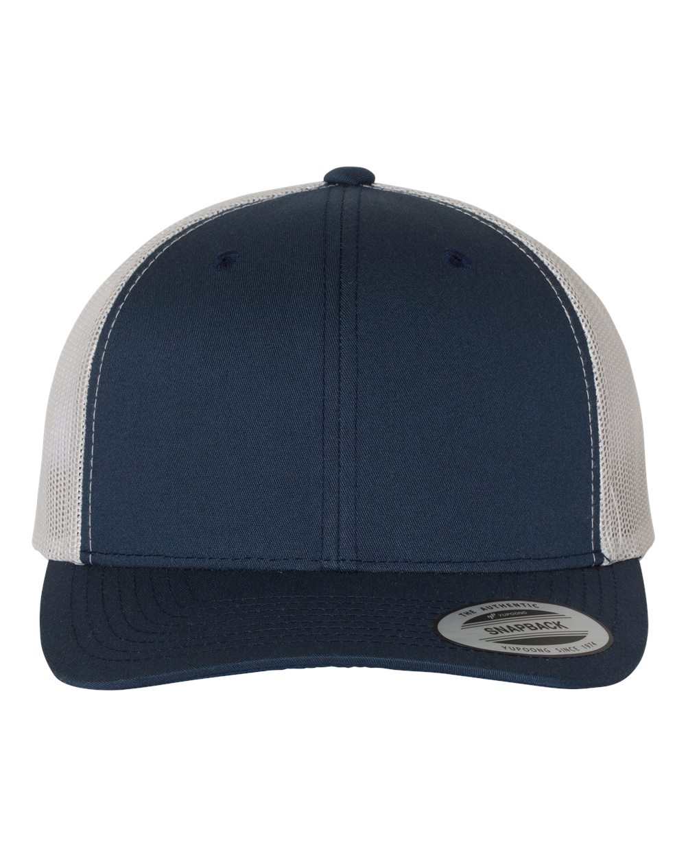 Front View of Navy/ Silver Retro Trucker Cap - 6606