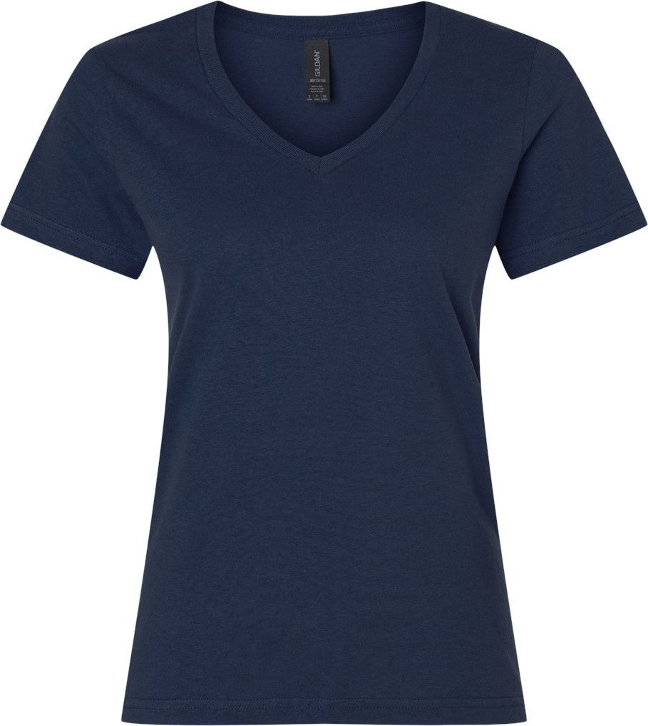Front View of Navy Softstyle® Women’s V-Neck T-Shirt - 64V00L