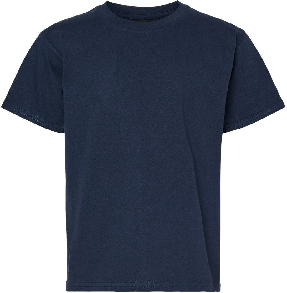 Front View of Navy Softstyle® Youth Midweight T-Shirt - 65000B