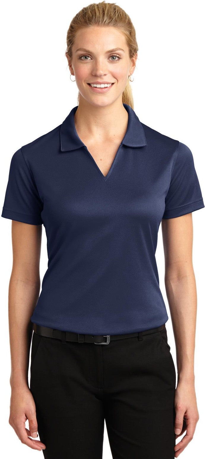 Front View of Navy Sport-Tek Women's Dri-Mesh V-Neck Polo. L469
