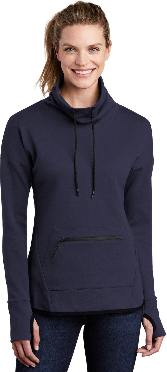 Front View of Navy Sport-Tek Women's Triumph Cowl Neck Pullover LST280