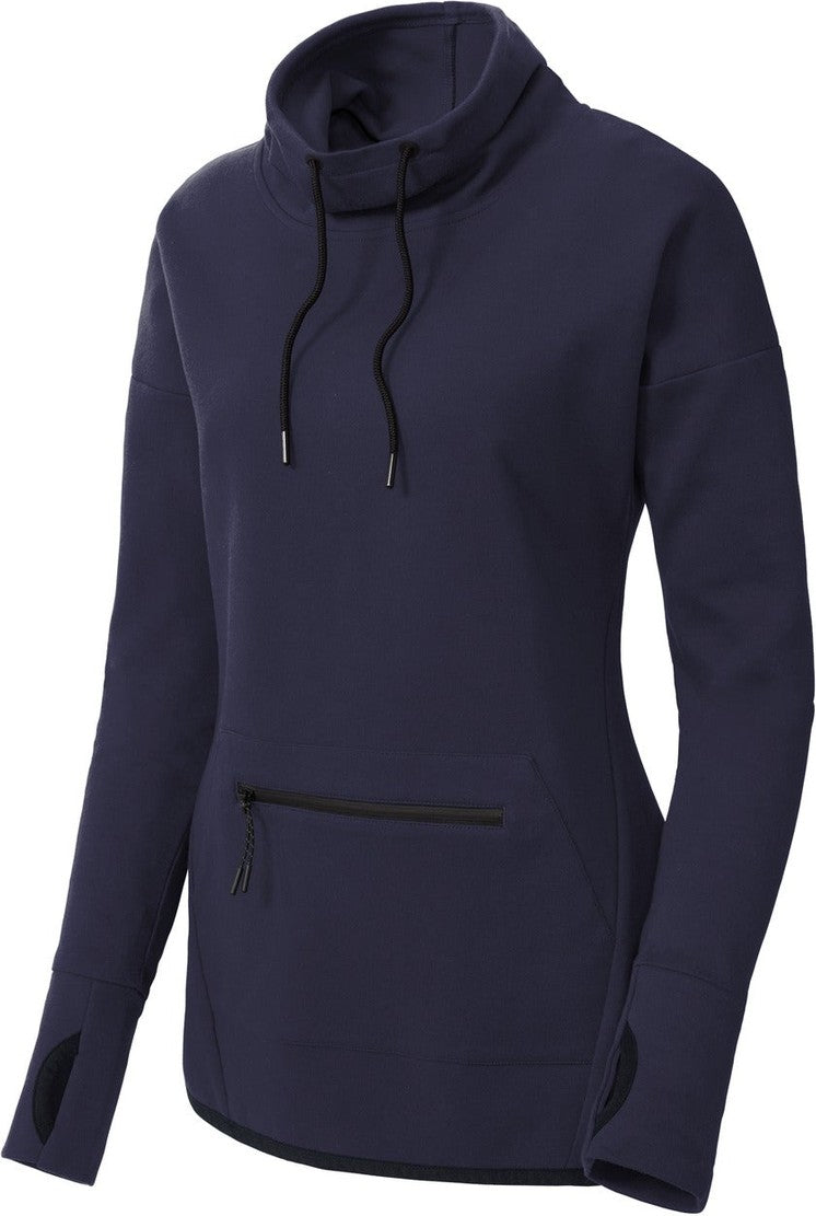 Front View of Navy Sport-Tek Women's Triumph Cowl Neck Pullover LST280