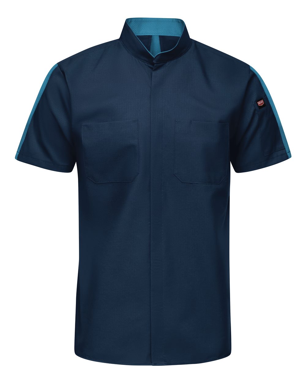 Front View of Navy/ Teal Mimix™ Pro+ Short Sleeve Work Shirt With OilBlok - Tall Sizes - SX46T