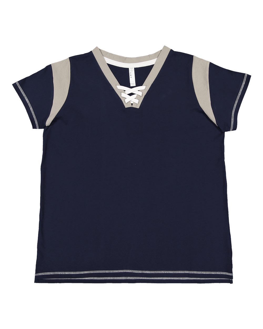 Front View of Navy/ Titanium/ White Women's Curvy Lace Up Fine Jersey Tee - 3833