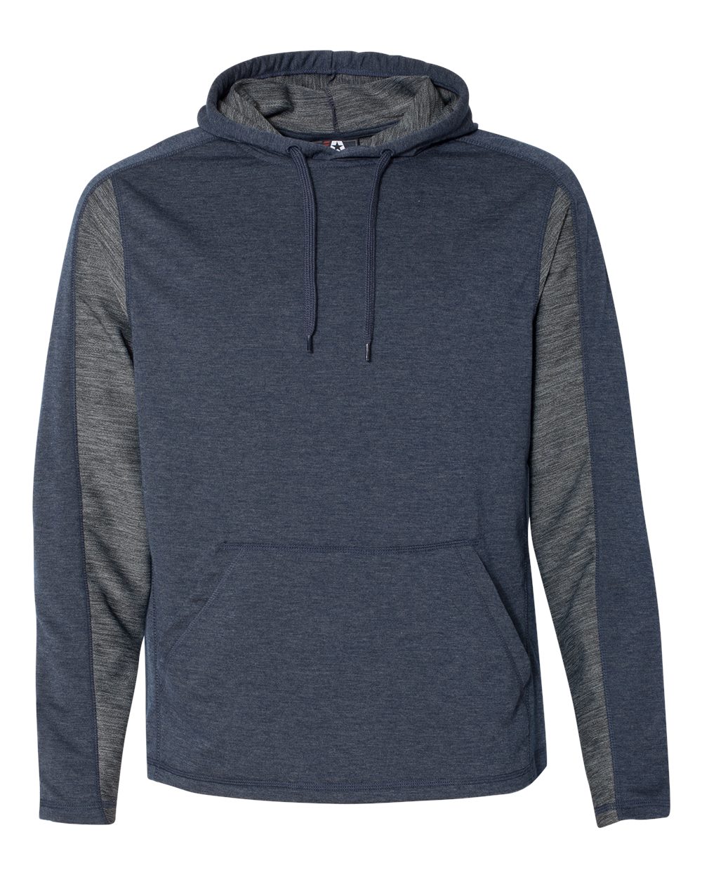 Front View of Navy Triblend Omega Stretch Hooded Pullover - 8435