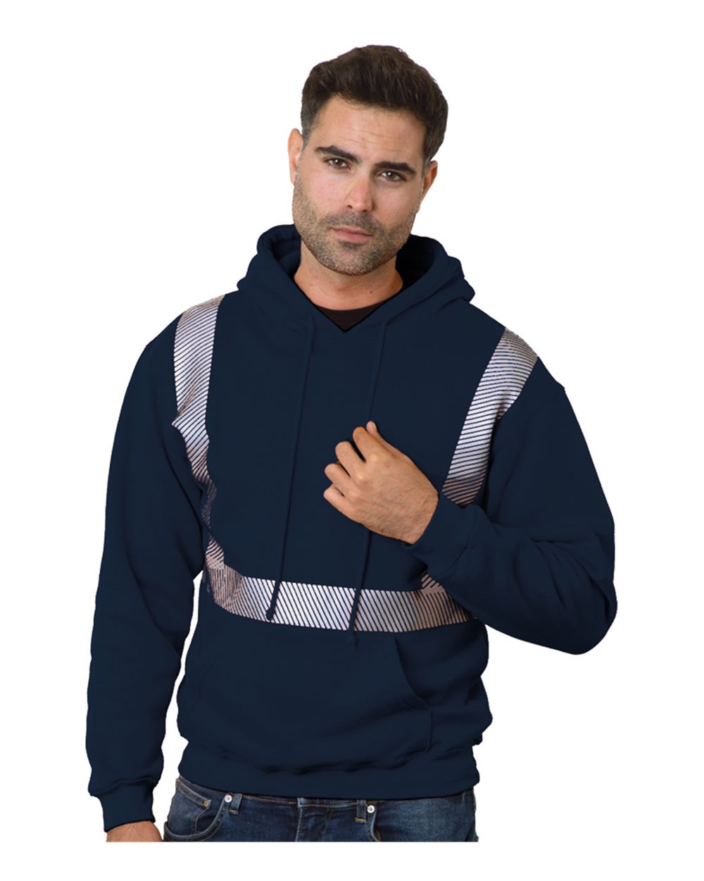 Front View of Navy Unisex USA-Made High Visibility Hooded Sweatshirt - 3739