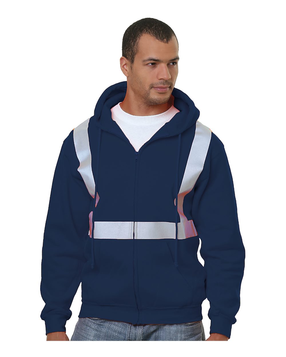 Front View of Navy USA-Made Hi-Visibility Full-Zip Hooded Sweatshirt - 3790