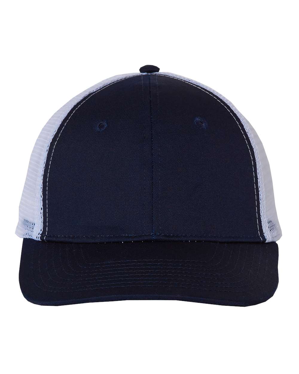 Front View of Navy/ White Mesh-Back Twill Trucker Cap - VC400