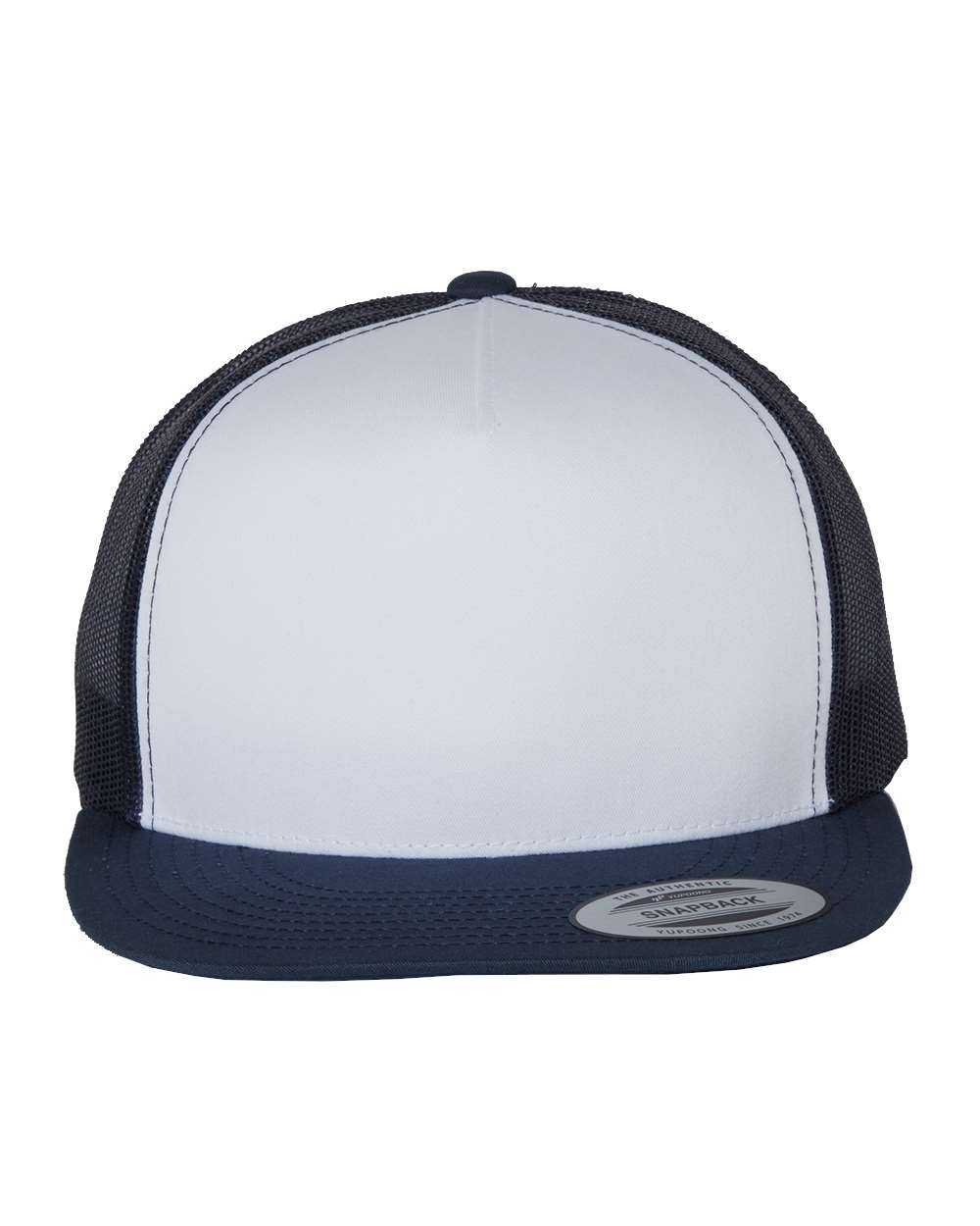 Front View of Navy/ White/ Navy Five-Panel Classic Trucker Cap - 6006