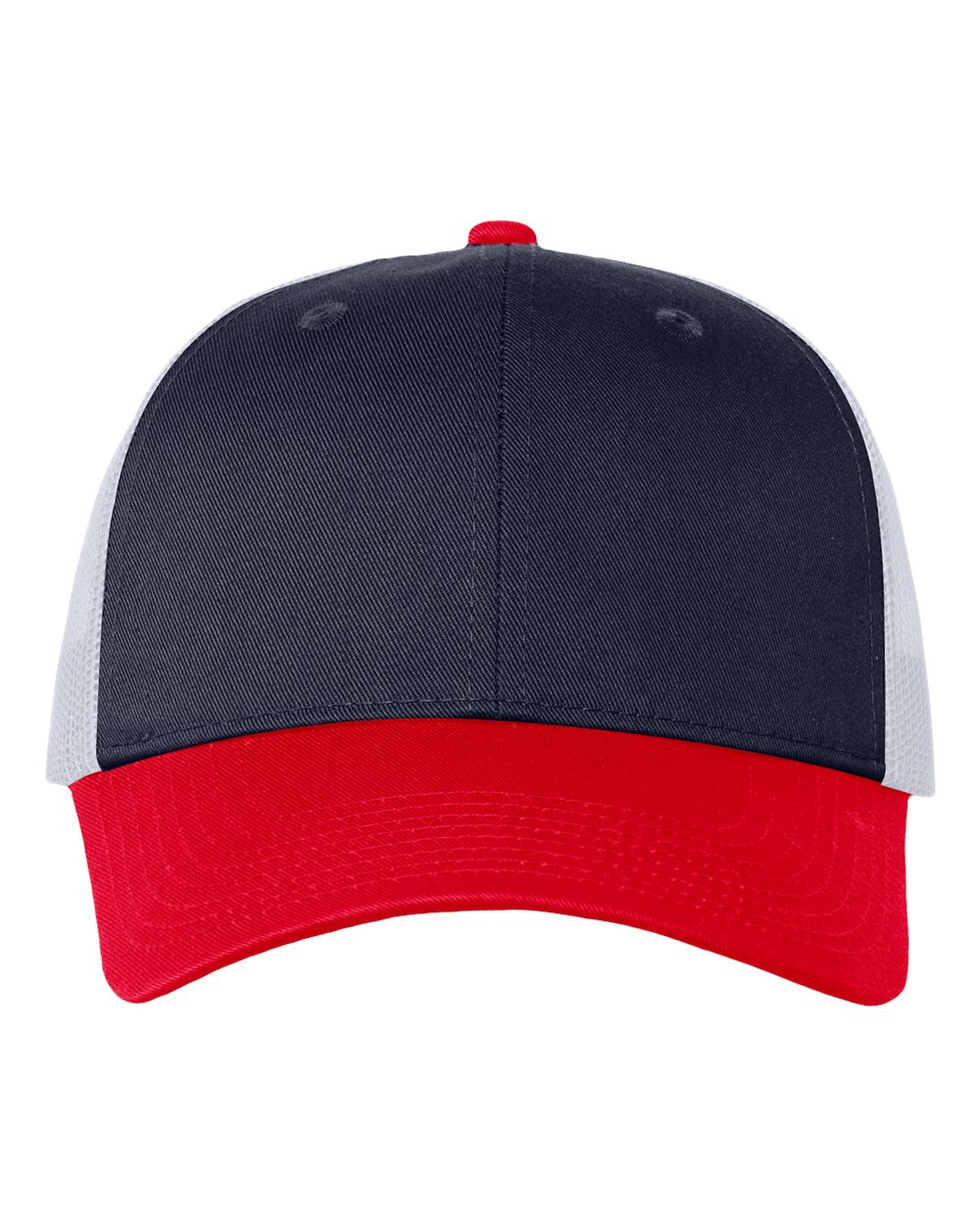 Front View of Navy/ White/ Red Mesh-Back Twill Trucker Cap - VC400