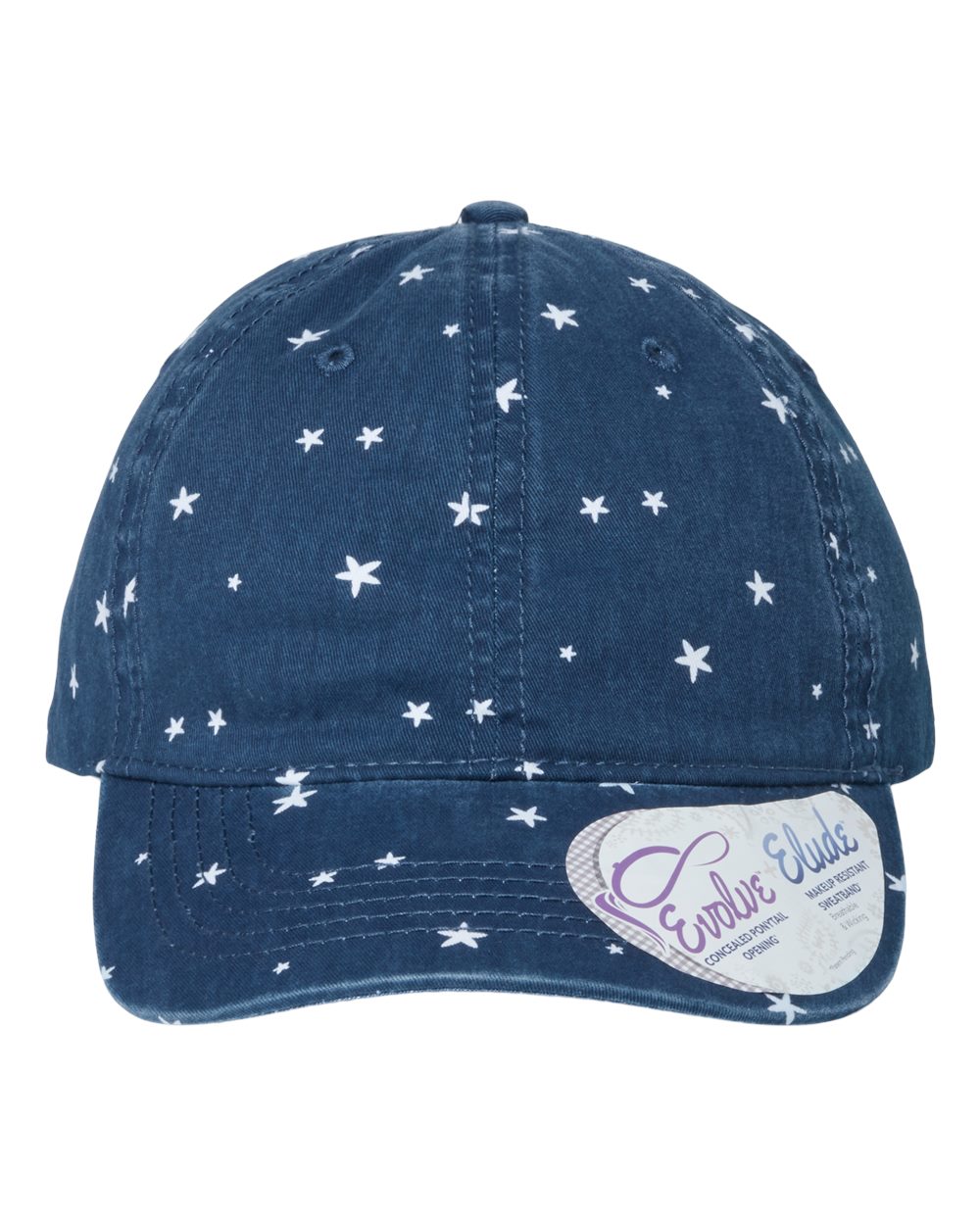 Front View of Navy/ White Stars Women's Garment-Washed Fashion Print Cap - HATTIE