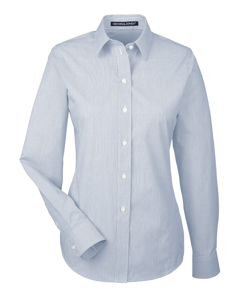 Front View of Navy/ White Women&#39;s Crown Collection® Striped Woven Dress Shirt - DG534W