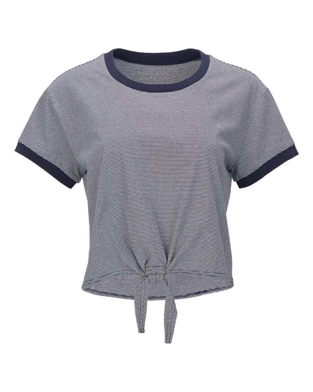 Front View of Navy/ White Women's Striped Tie Front T-Shirt - BW2107