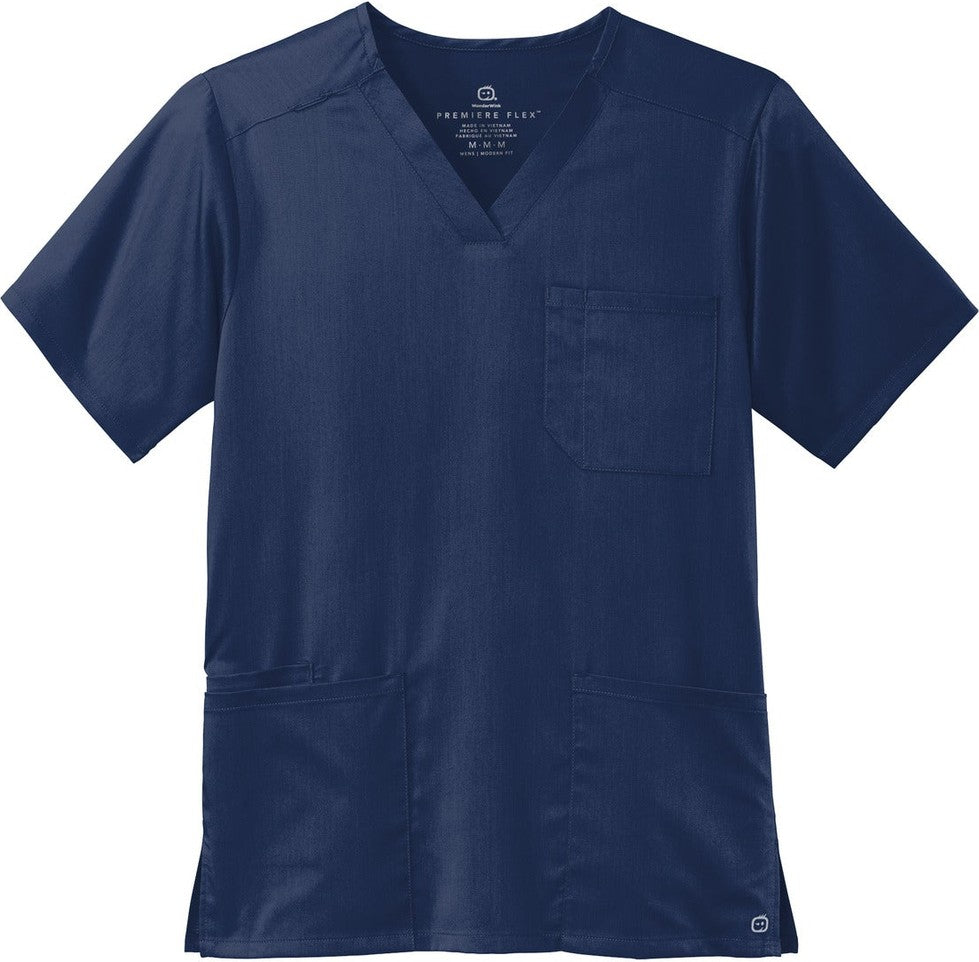Front View of Navy Wink Men's Premiere Flex V-Neck Top WW5068