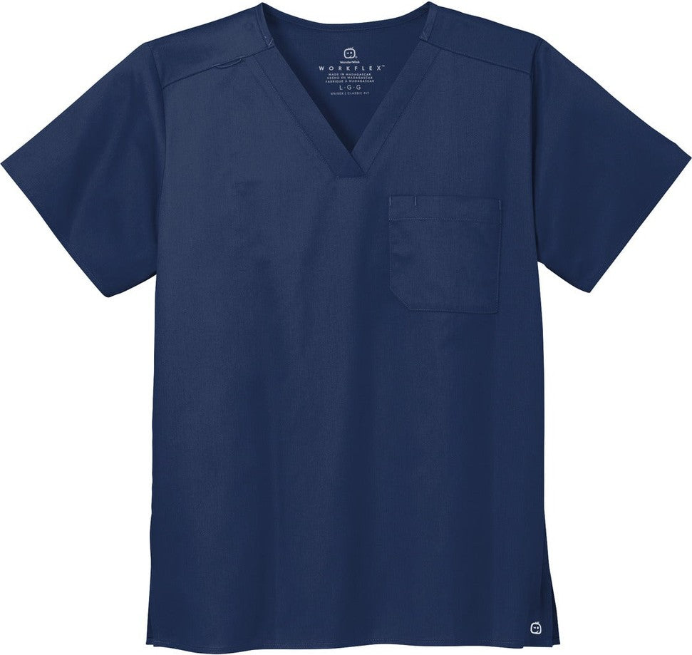 Front View of Navy Wink Unisex WorkFlex Chest Pocket V-Neck Top WW3160