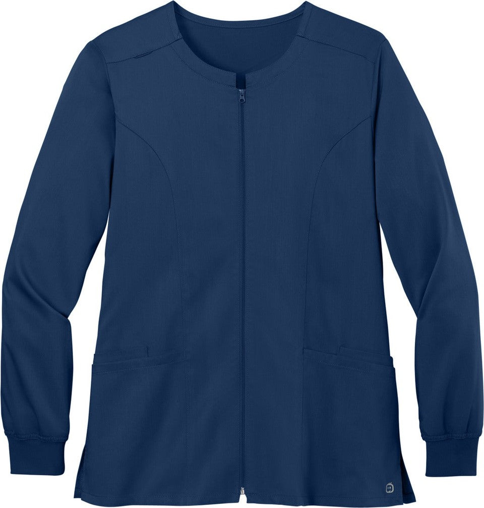Front View of Navy Wink Women's Premiere Flex Full-Zip Scrub Jacket WW4088