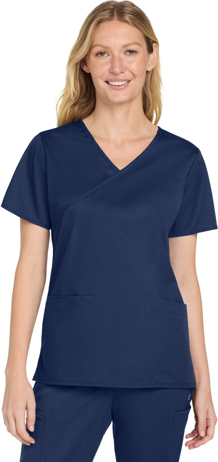 Front View of Navy Wink Women's WorkFlex Mock Wrap Top WW4760