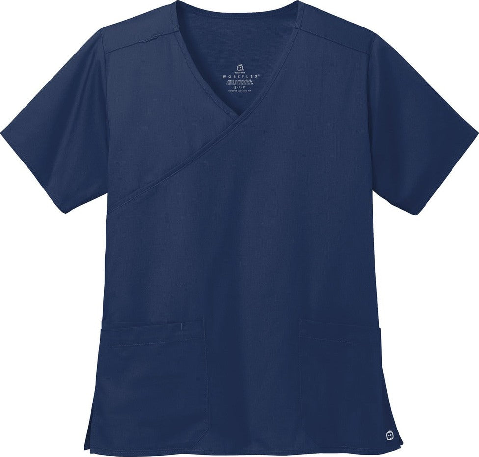 Front View of Navy Wink Women's WorkFlex Mock Wrap Top WW4760