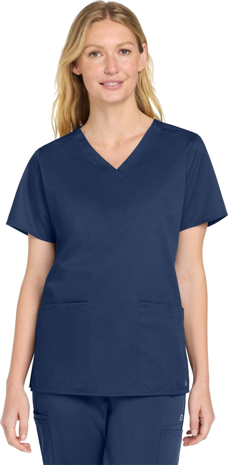 Front View of Navy Wink Women's WorkFlex V-Neck Top WW4560