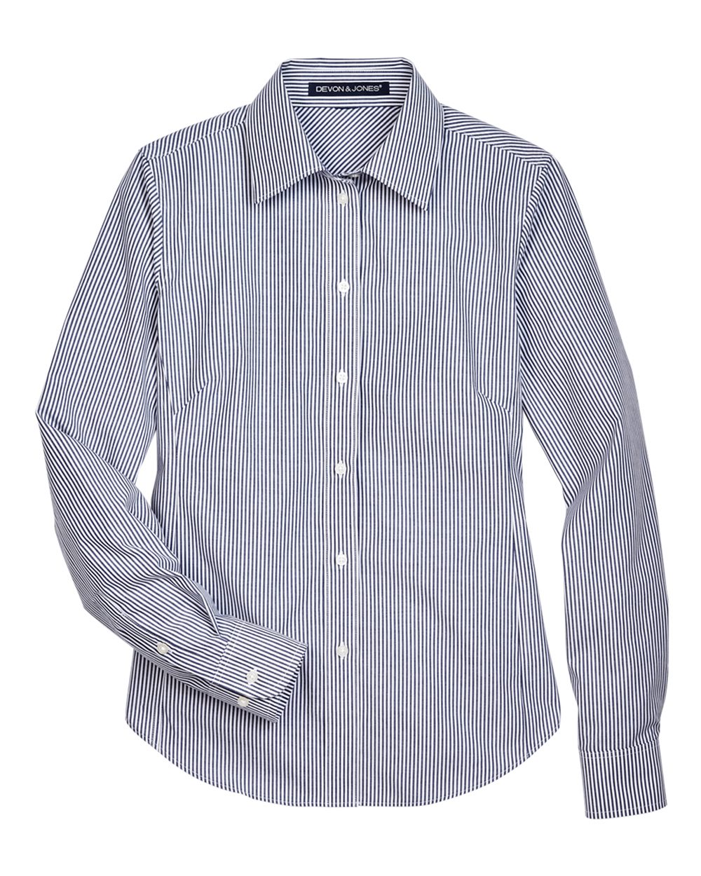 Front View of Navy Women's Crown Collection® Banker Stripe Woven Dress Shirt - D645W