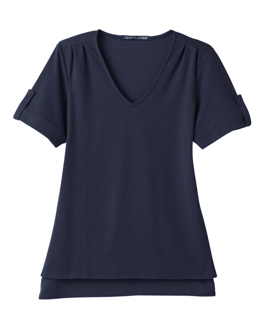 Front View of Navy Women's CrownLux Performance® Plaited Rolled Sleeve Shirt - DG20WB