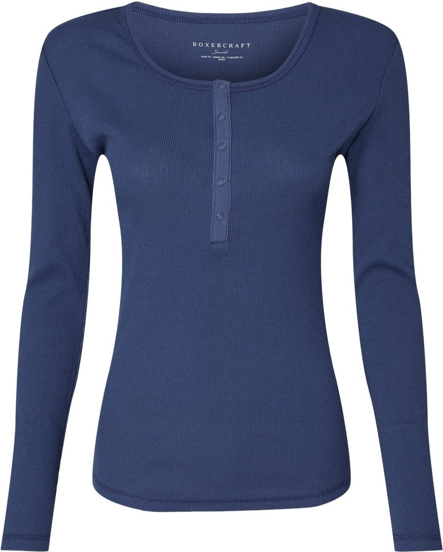 Front View of Navy Women's Harper Long Sleeve Henley - BW2402