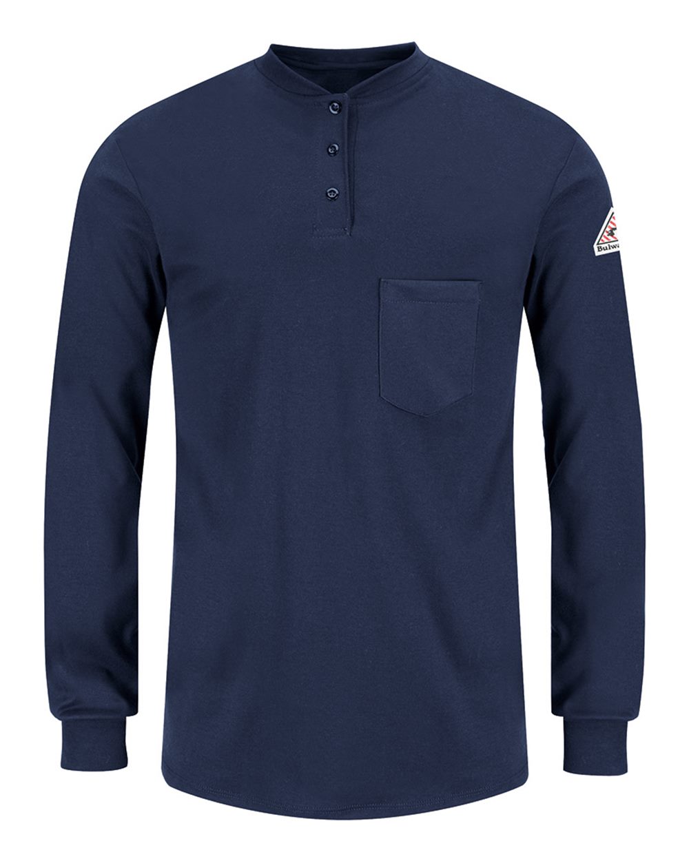Front View of Navy Women's Long Sleeve Tagless Henley Shirt - SEL3