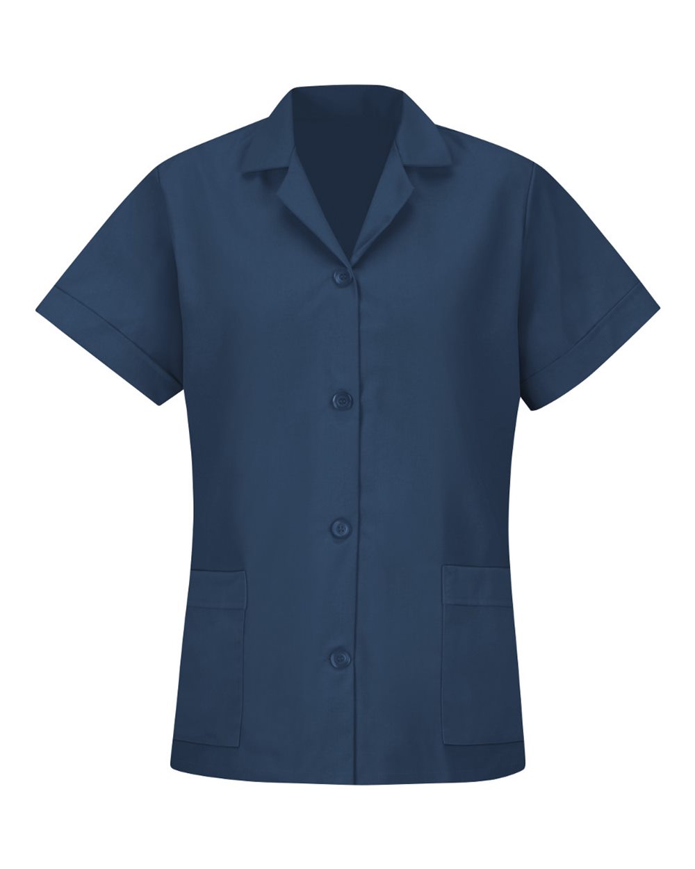 Front View of Navy Women's Loose Fit Short Sleeve Button Smock - TP23
