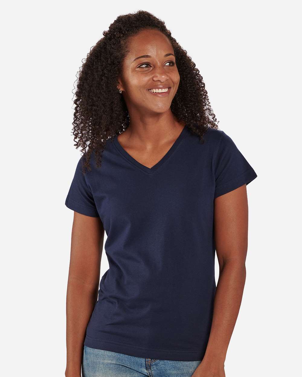 Front View of Navy Women's V-Neck T-Shirt - BW2201