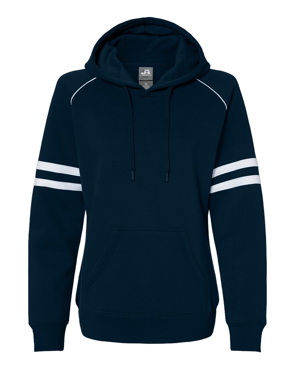 Front View of Navy Women's Varsity Fleece Piped Hooded Sweatshirt - 8645