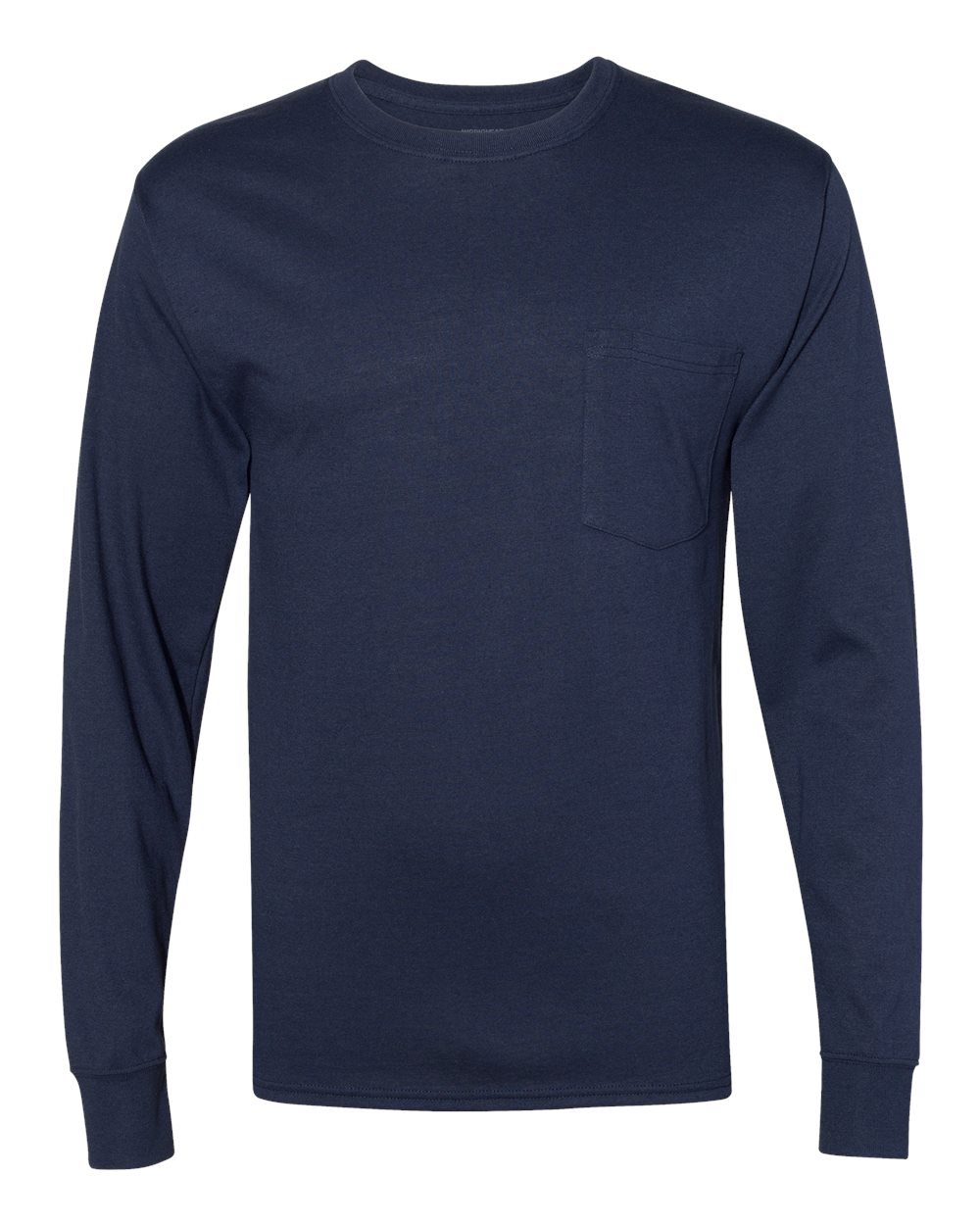 Front View of Navy Workwear Long Sleeve Pocket T-Shirt - W120
